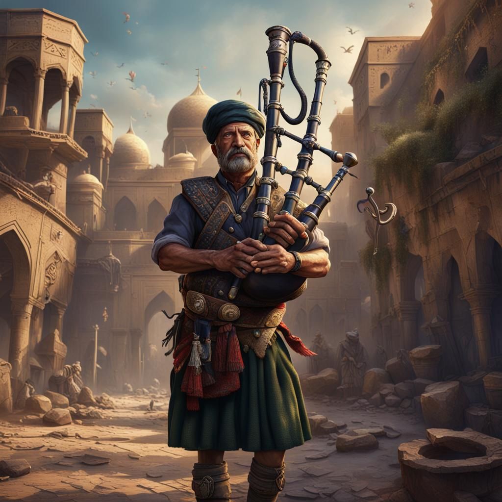 Baghdad Snake Charmer Plays Bagpipes: Detailed Matte Paintin...