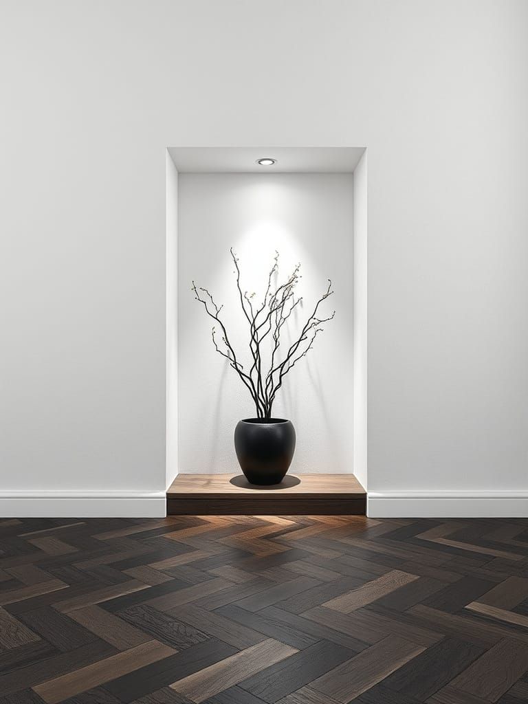 Elegant White Room with Dark Chevron Flooring and Minimalist...