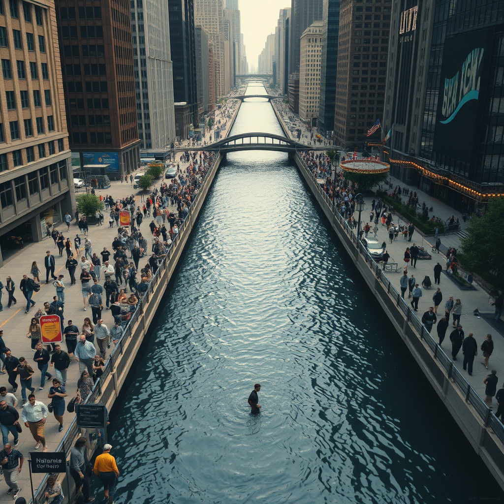 Bustling Chicago River: Sci-Fi Matte Painting