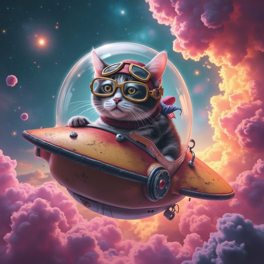 Steampunk Cat Pilots Bubble UFO Through Candy Nebula