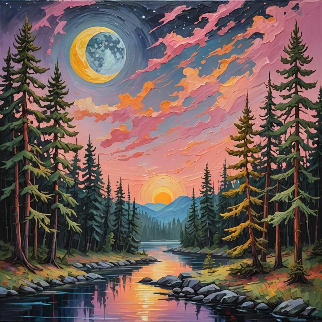 Colorful Moonlit River in Expressionist Impasto Style