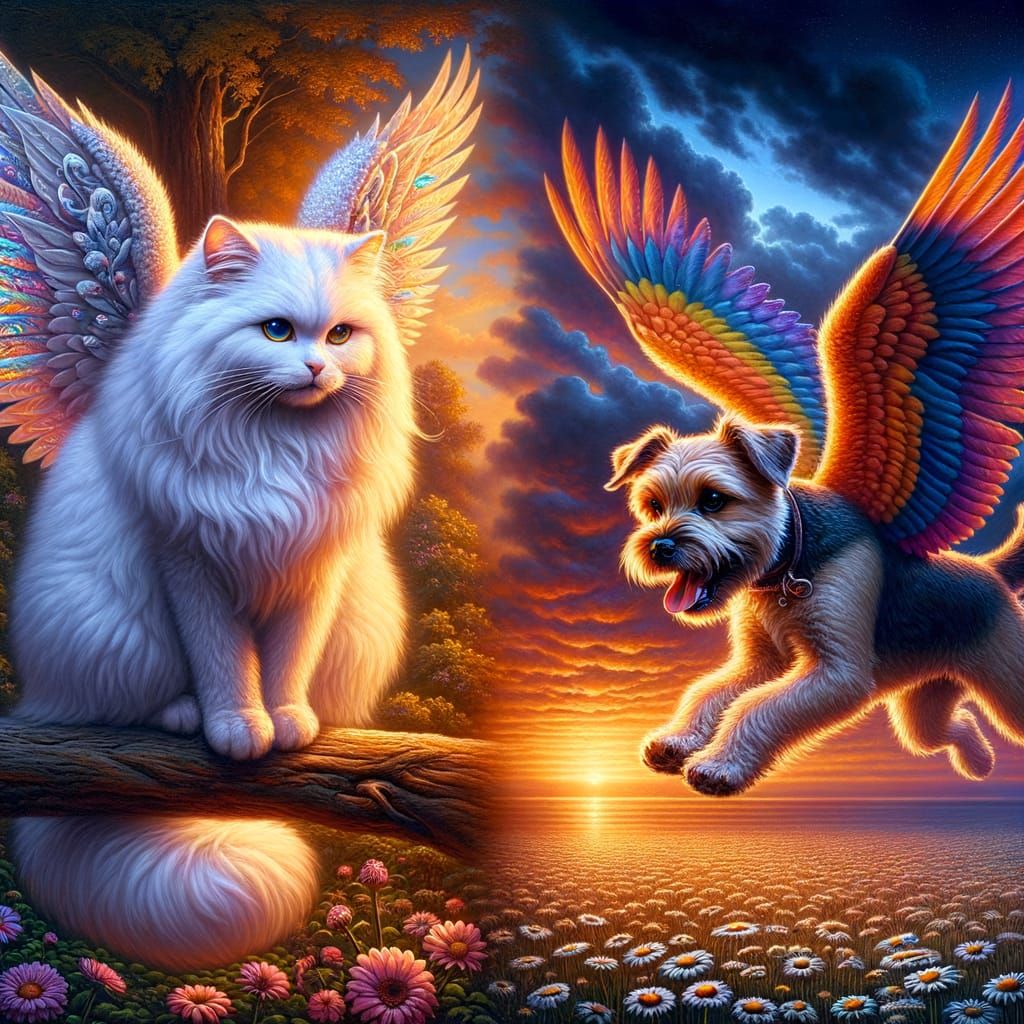 Angora Cat and Terrier with Angel Wings in Realism Style