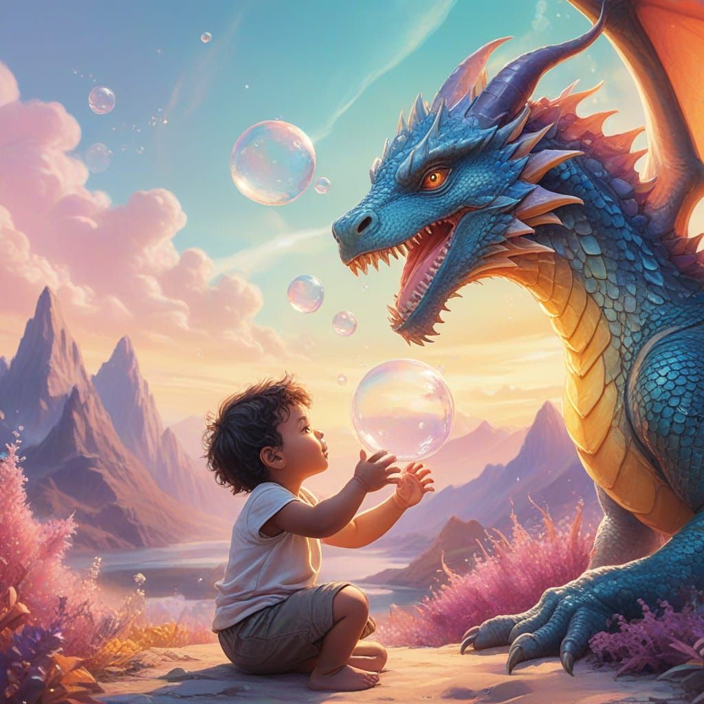 Bubble Dragon and Baby in Watercolor Fantasy Landscape