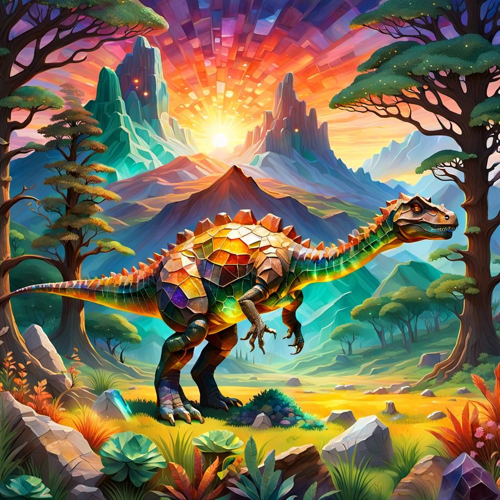 Fantasy Landscape with Gemstone Dinosaur in Sunset Glow