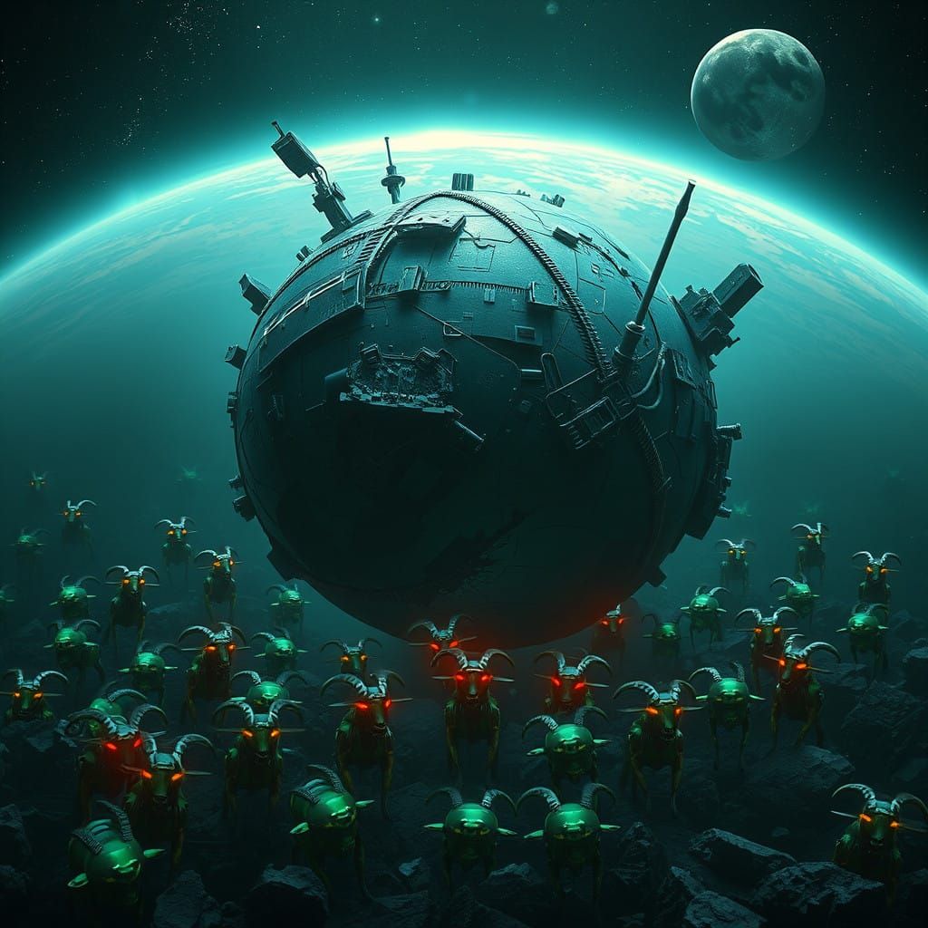 Cyberpunk Android Goats in Futuristic Space