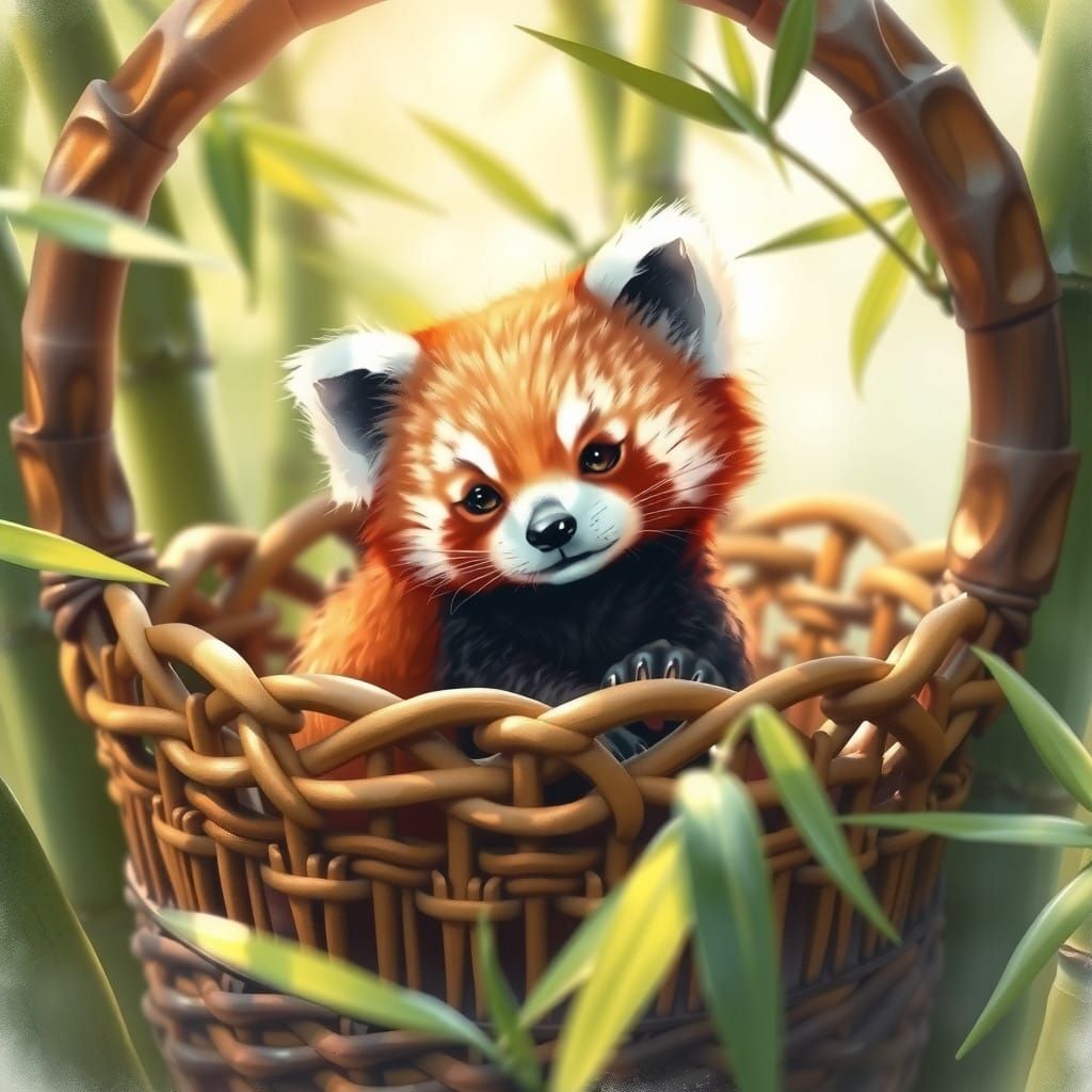 Whimsical Red Baby Panda in Bamboo Sanctuary