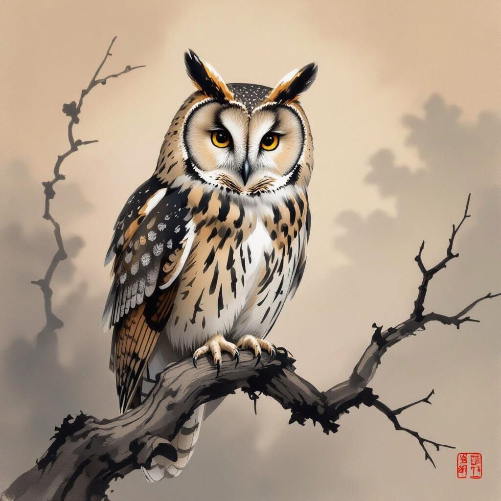 Wise Old Owl in Japanese Ink Wash Style