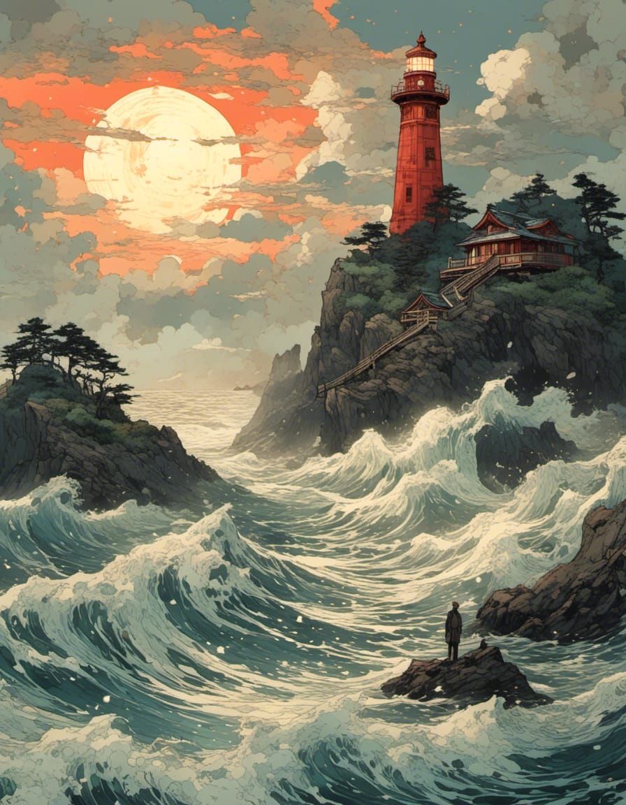 Lighthouse at Dawn in Yokoyama Taikan Style