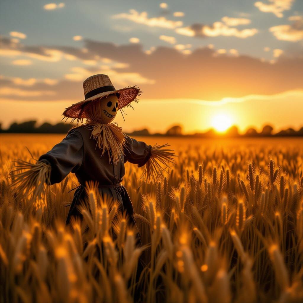 Scarecrow in Golden Field at Dusk, Magical Realism Style