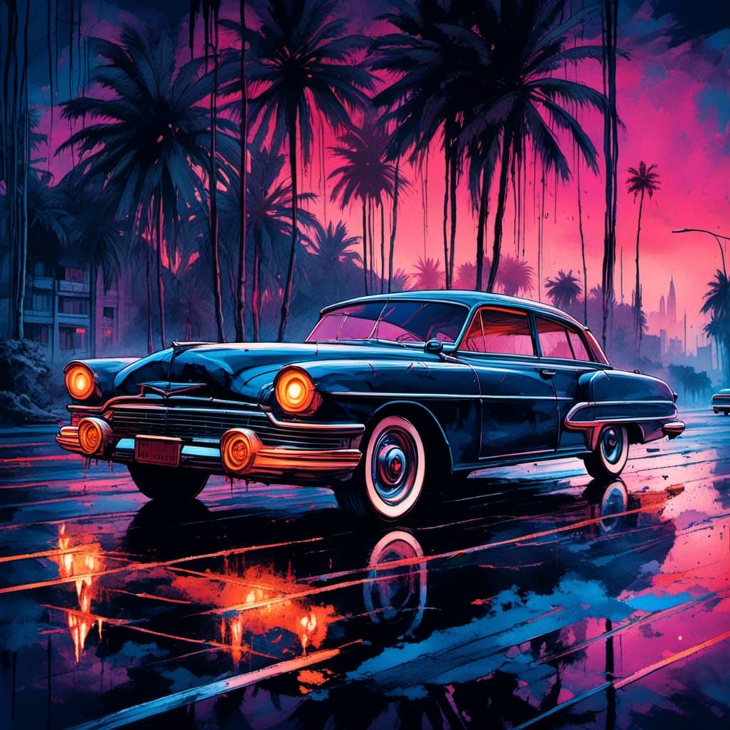 Futuristic digital art. A classic car stands still in a bust...