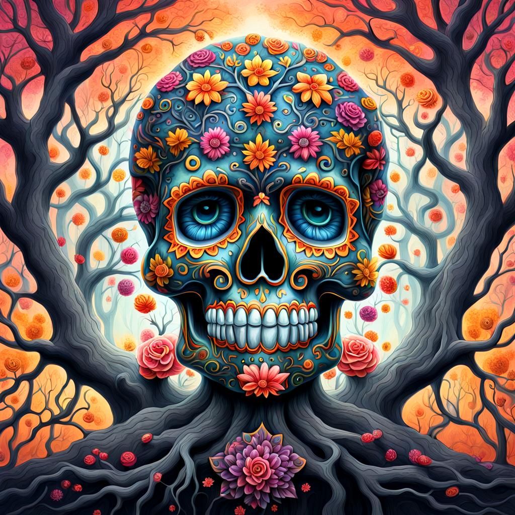 Colorful Sugar Skull Tree in Candy Art Style