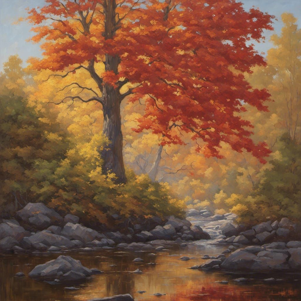 Autumn Maple Tree in Forest Glen, Oil Painting