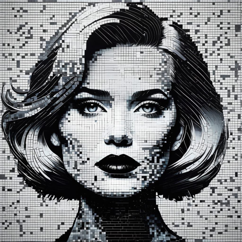 Minimalist Warhol-Inspired Mosaic Portrait in Bold Black and...