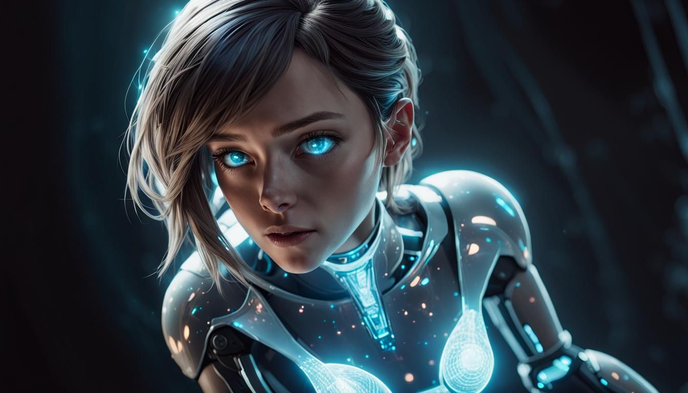 Ethereal AI Oversees Apprehensive Man in Digital Art