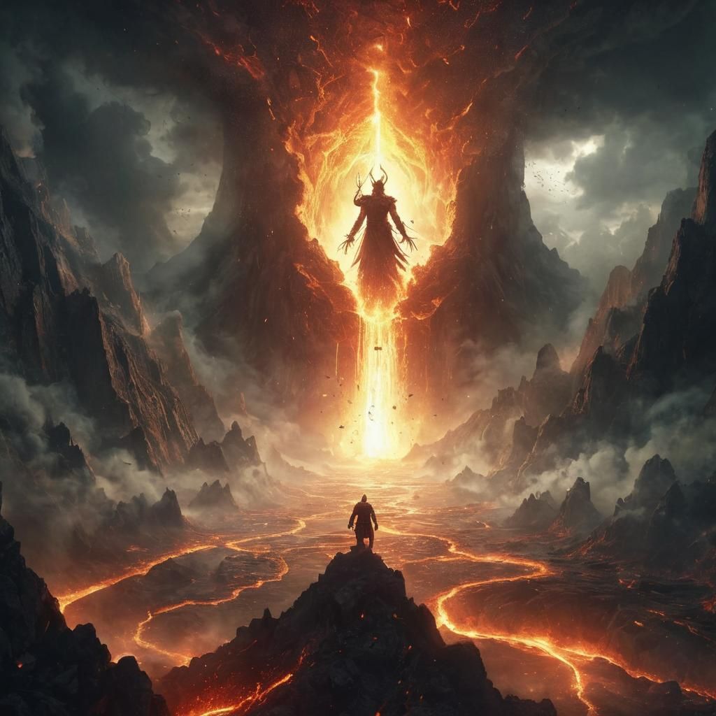 the god of fire, rising from a crack in the volcano.