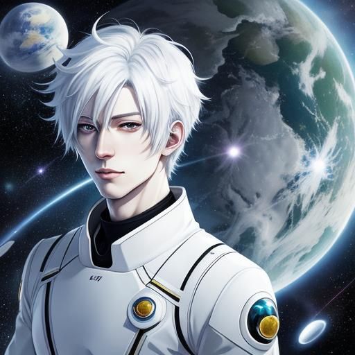 Anime Space Boy with White Hair