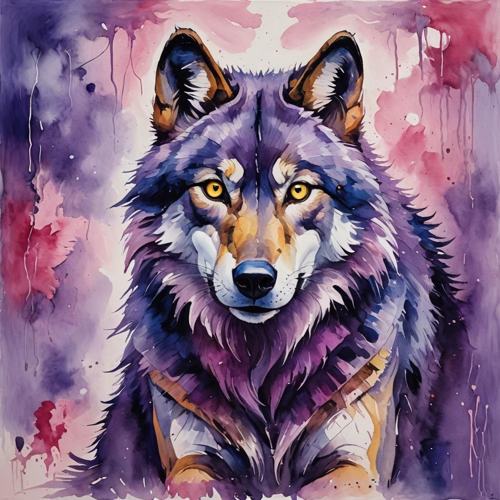 Watercolor Purple Wolf in Neo-Impressionist Style