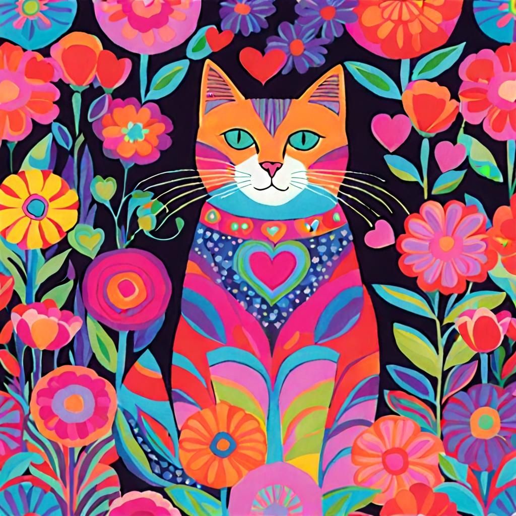 Cute Cat with Flowers in Textile Design