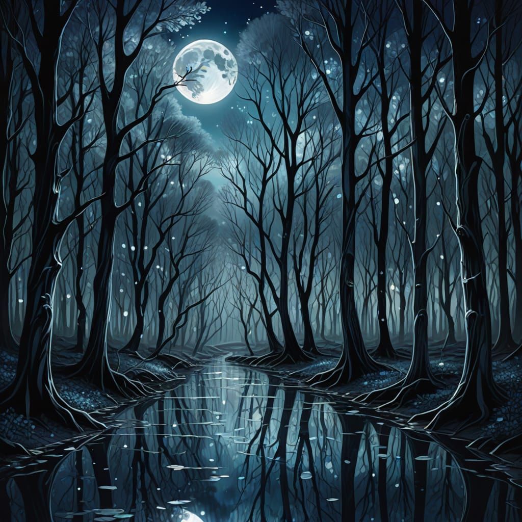 Ethereal Forest River Under Melancholy Moonlight
