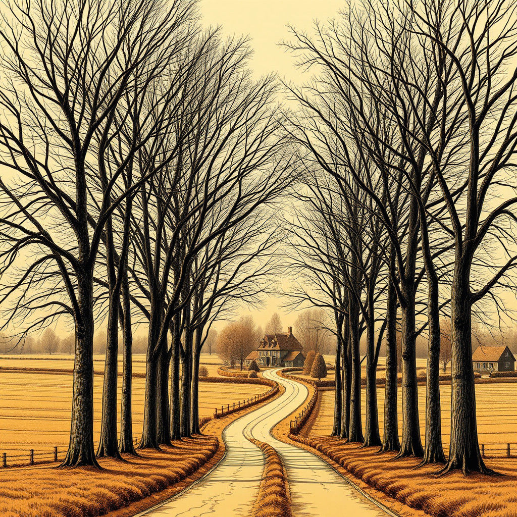 Gorgeous Pollard Poplars on the field by a road in the villa...