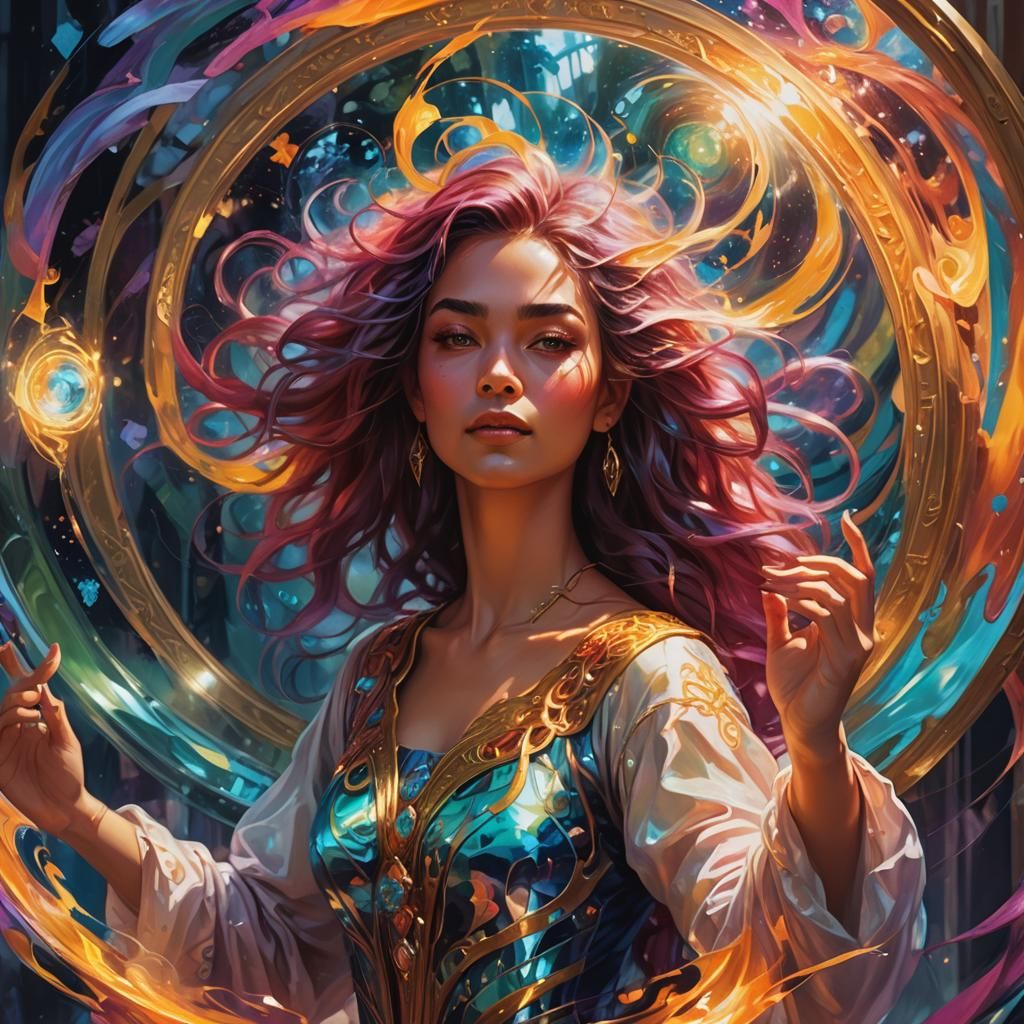 Girl Enters Magic Mirror: Fantasy Oil Painting