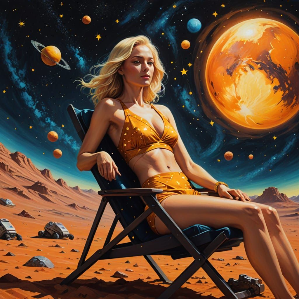 Martian Sunbather: A Surreal Oil Painting in Triadic Colors
