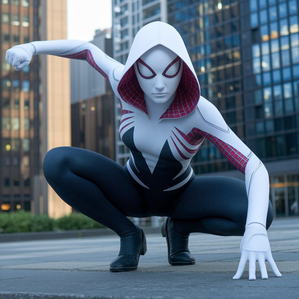 Spider Gwen in Fighter's Pose Under City Lights
