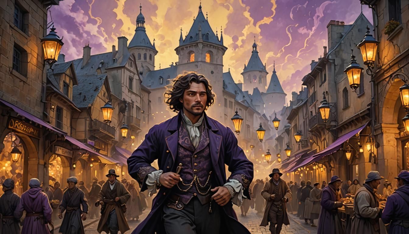 Man Running Through Dark Fantasy Market Town