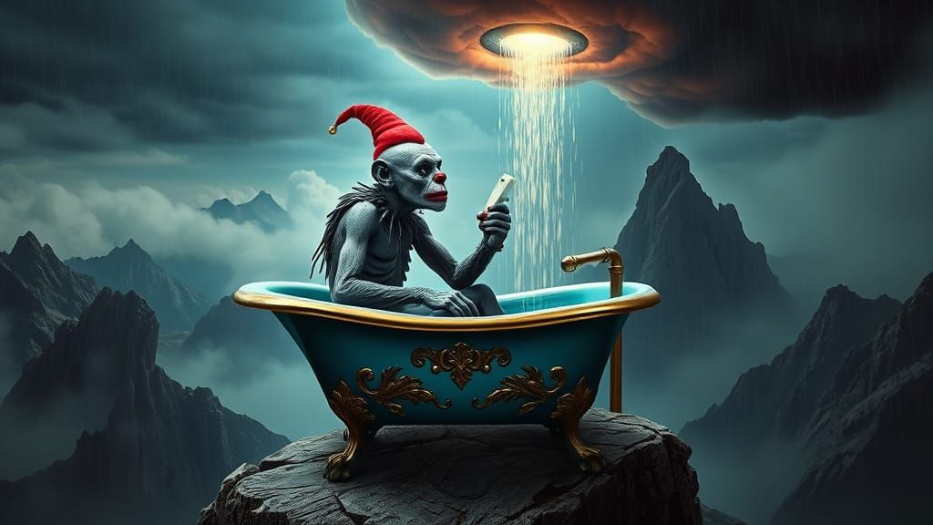 Surreal Zombie Monkey Monster Clown in Antique Bathtub atop ...