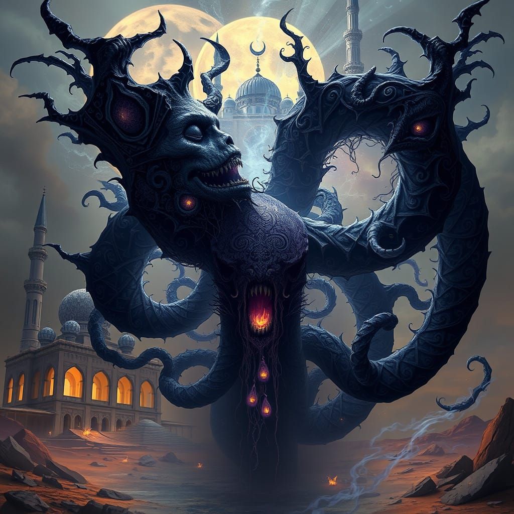 Ethereal Islamic Horror Entity with Obsidian Skin and Arabic...
