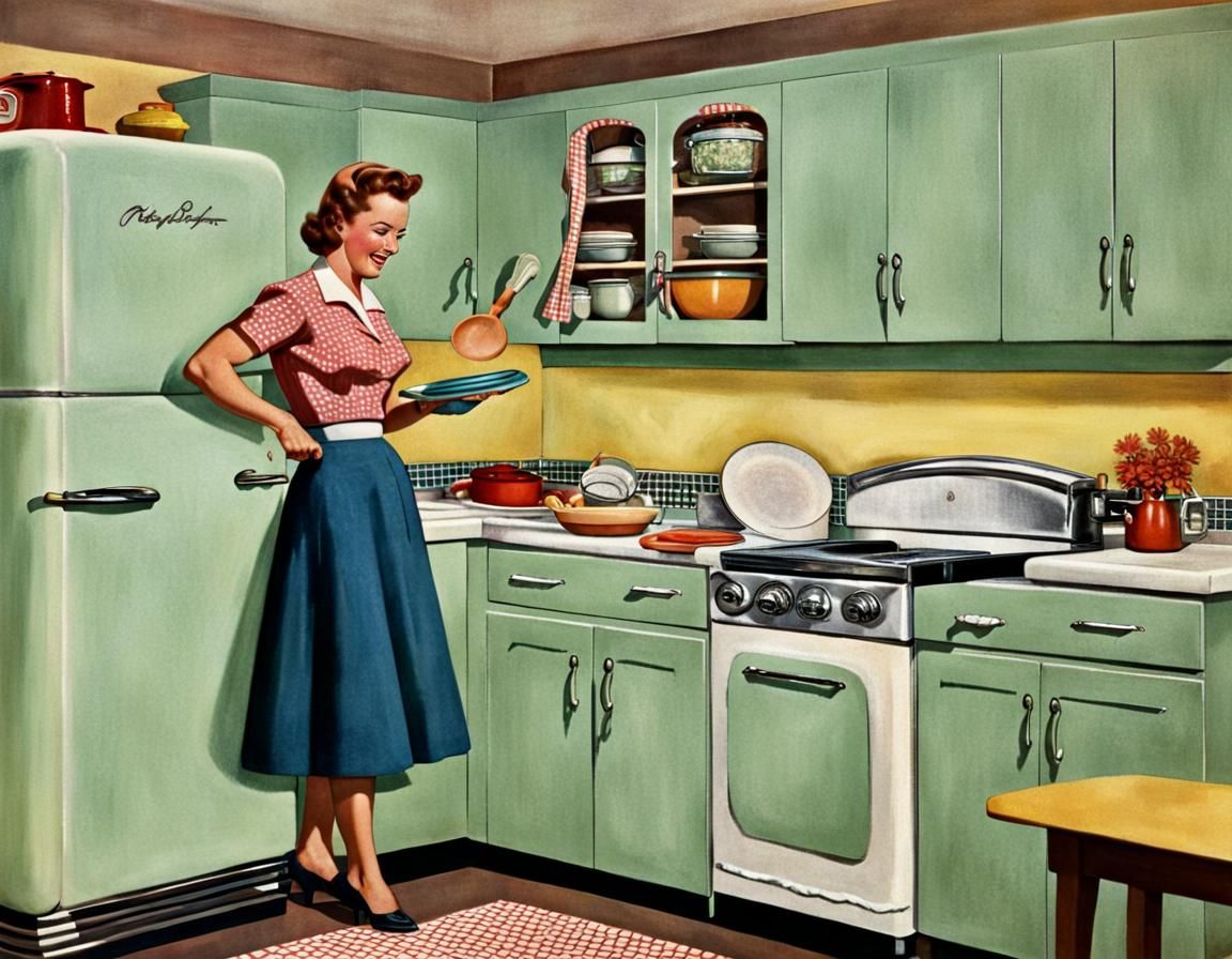 Nostalgic 1950s Kitchen Scene with Mom