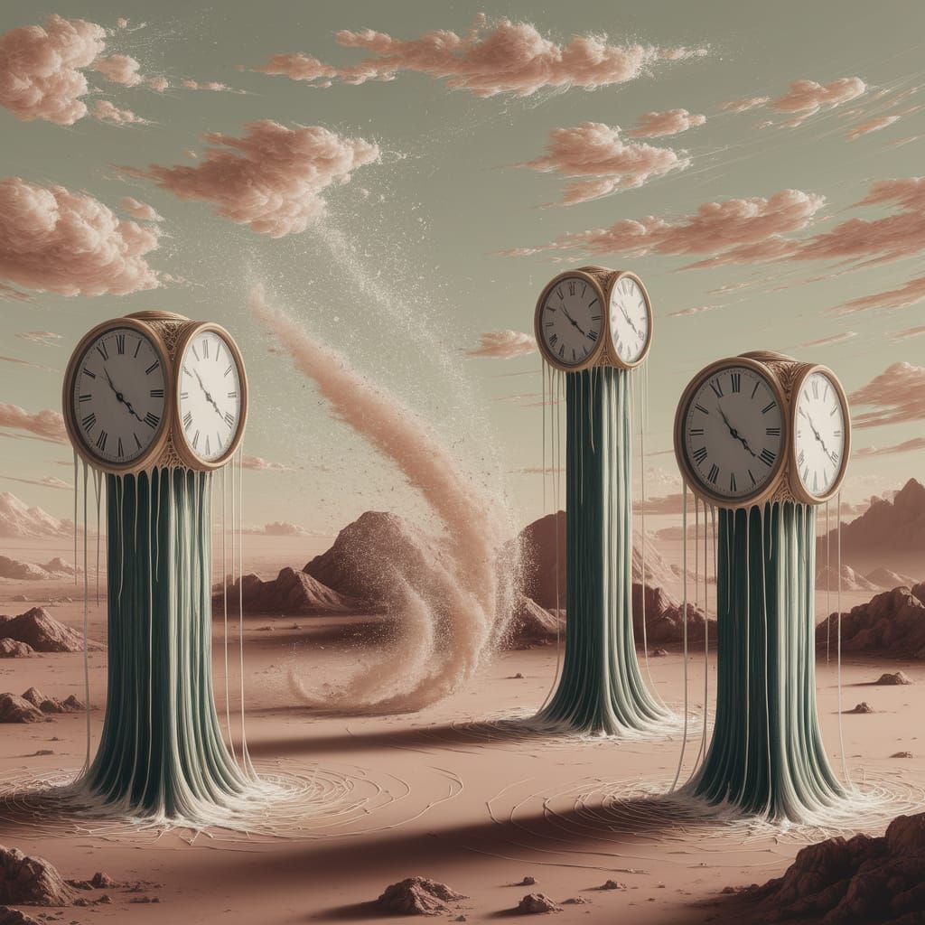 Surreal Clocks Melt in Dreamlike Landscape