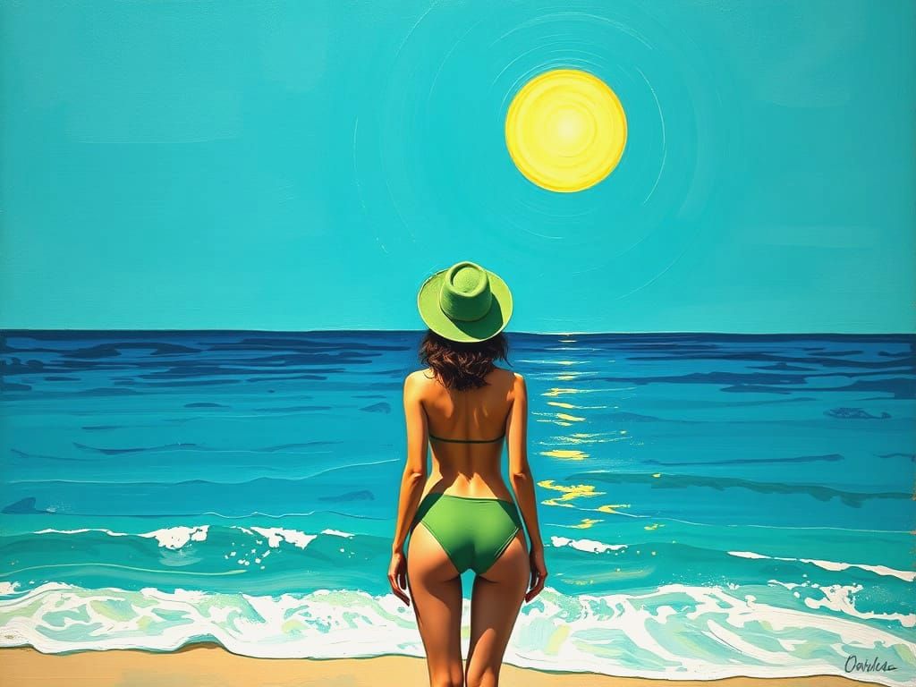 Woman in Green Swimsuit on Beach with Misty Sun