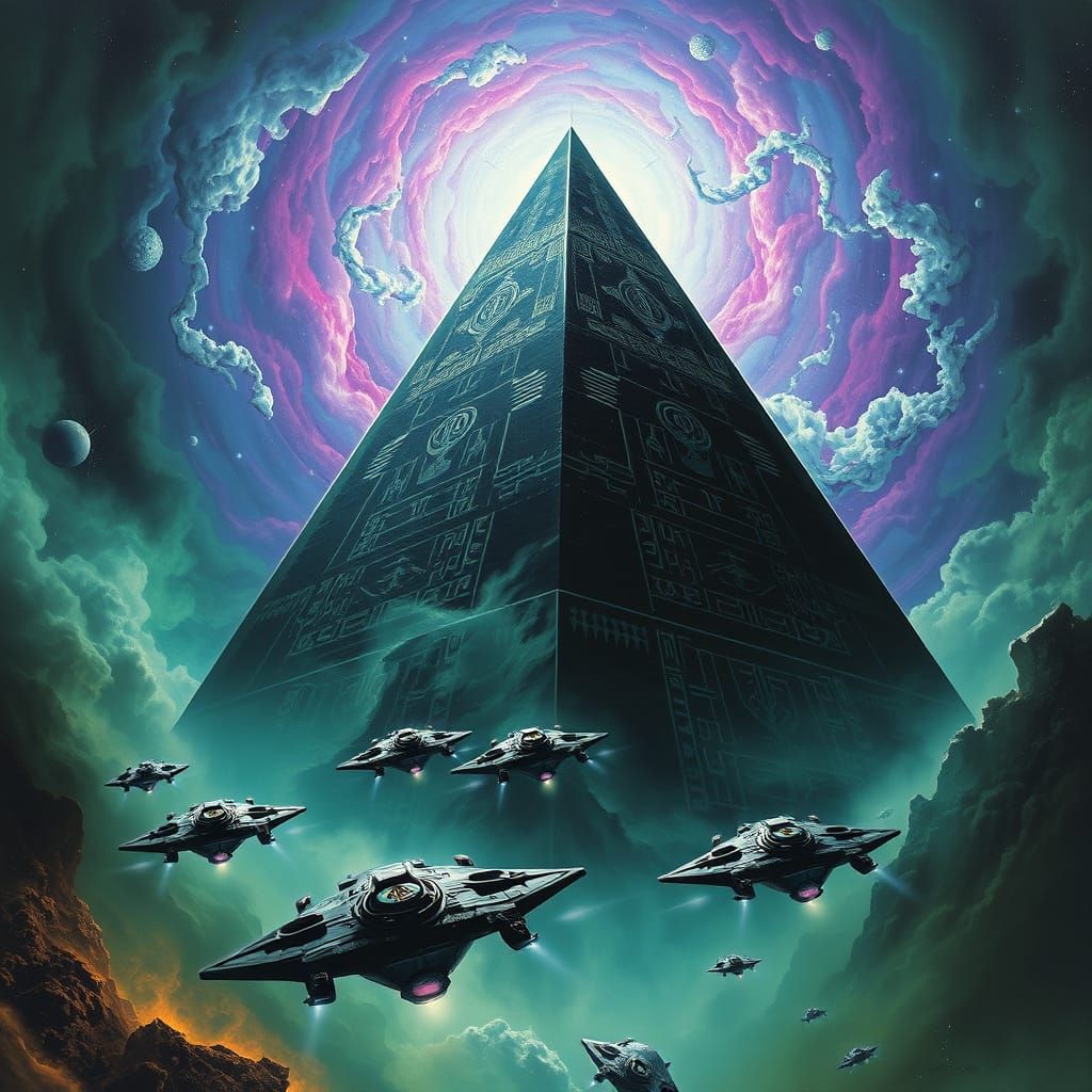 Obsidian Pyramid in Nebula, Orbiting Spaceships