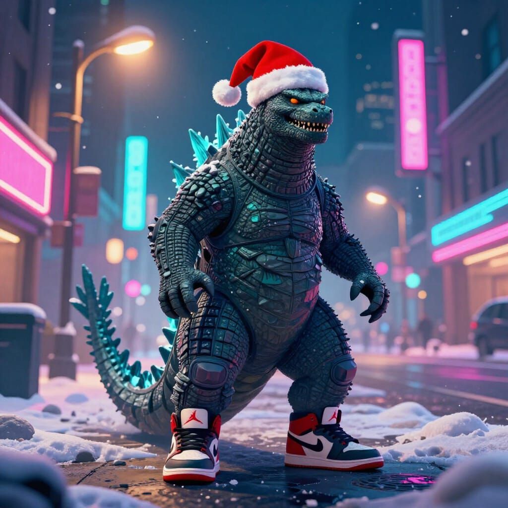 Godzilla in Santa Hat and Air Jordans, Neon City