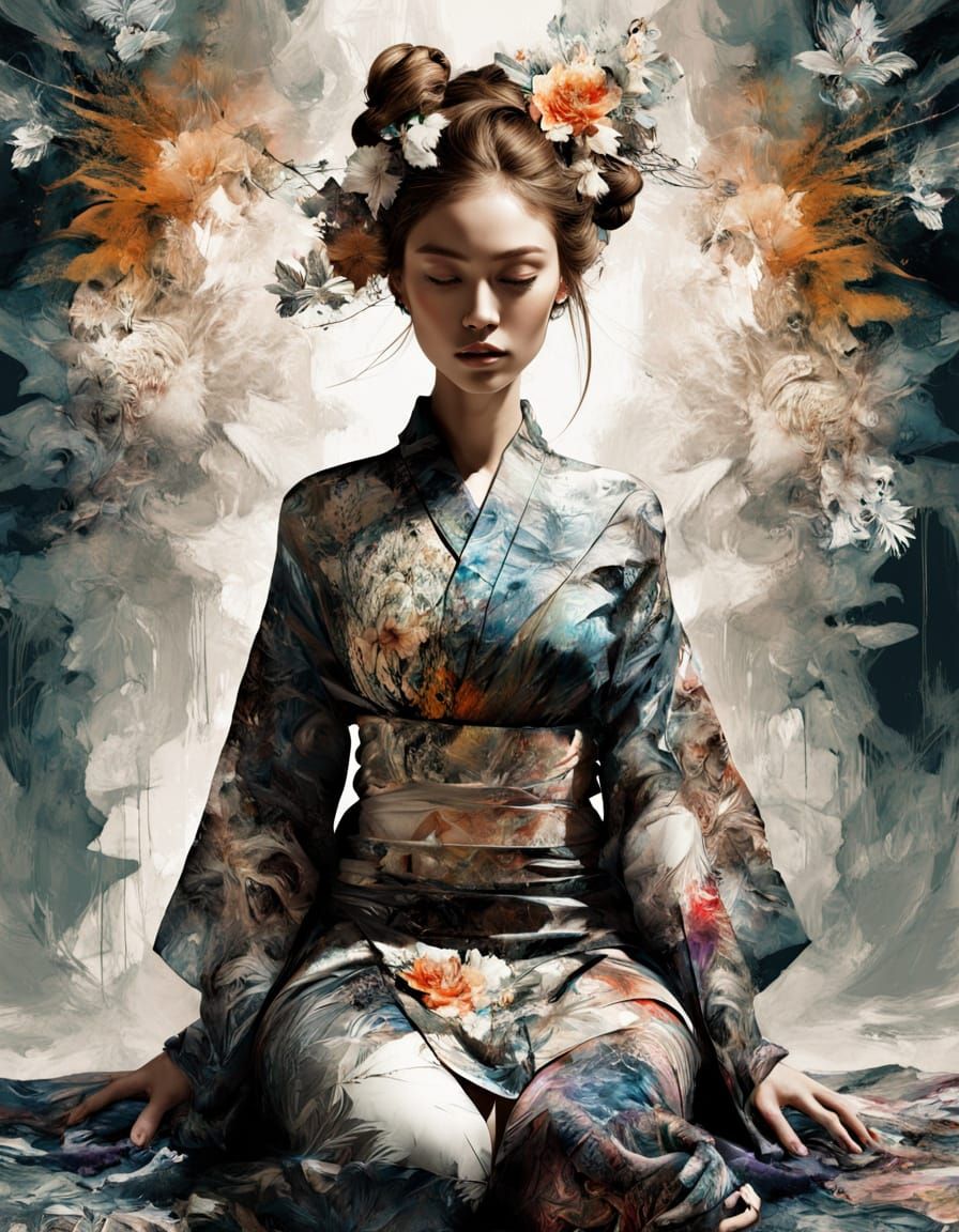 Surreal Portrait of a Woman in Ornate Patterns and Floral Mo...