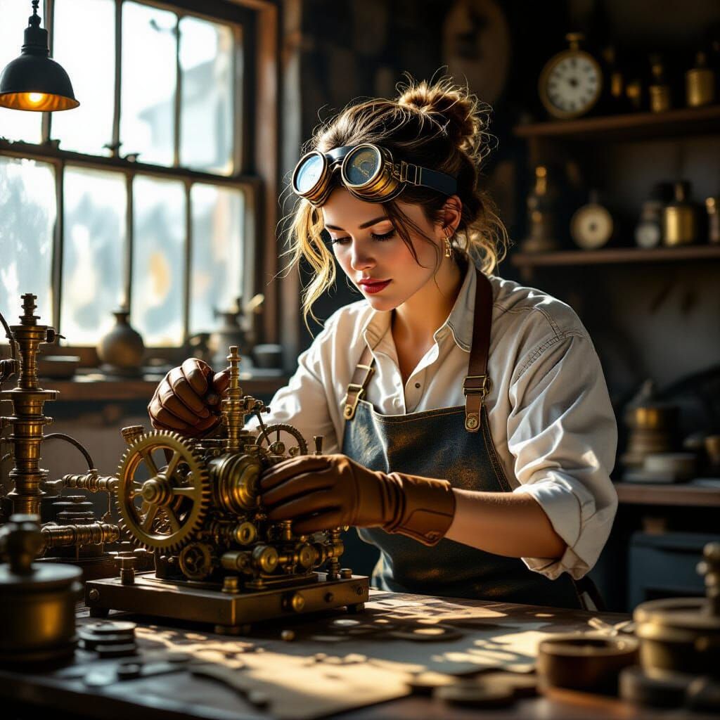 Inventor Works on Steampunk Contraption in Workshop