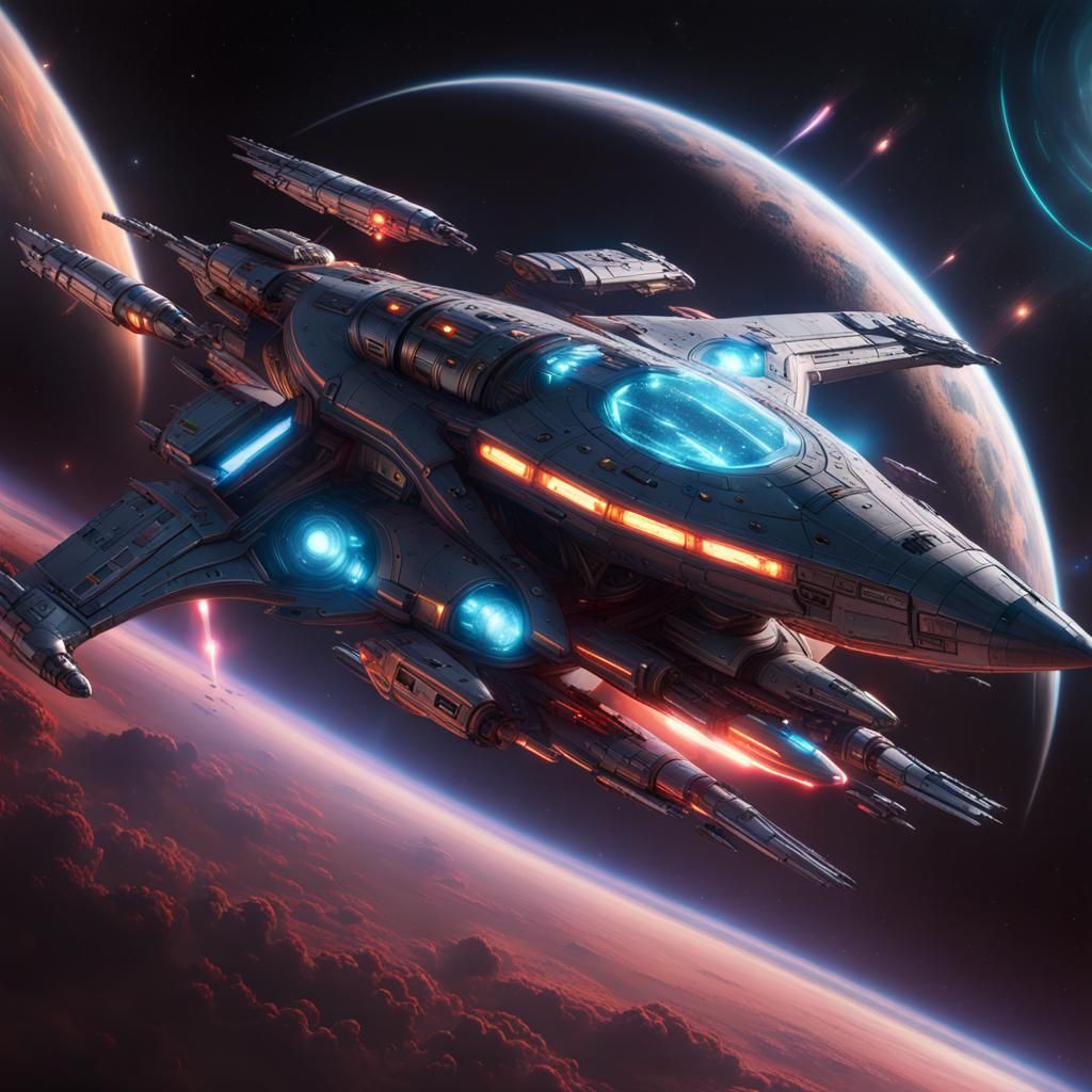 Symmetrical Sci-Fi Starship in Nebula, Detailed Concept Art