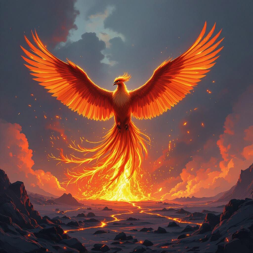 Phoenix Emerges from Volcano in Science Fiction Style