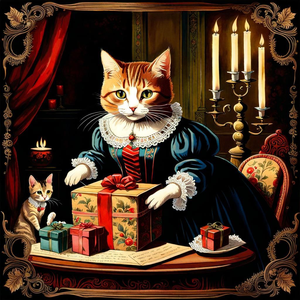 Victorian Cat Unwraps Christmas Presents in Whimsical Waterc...