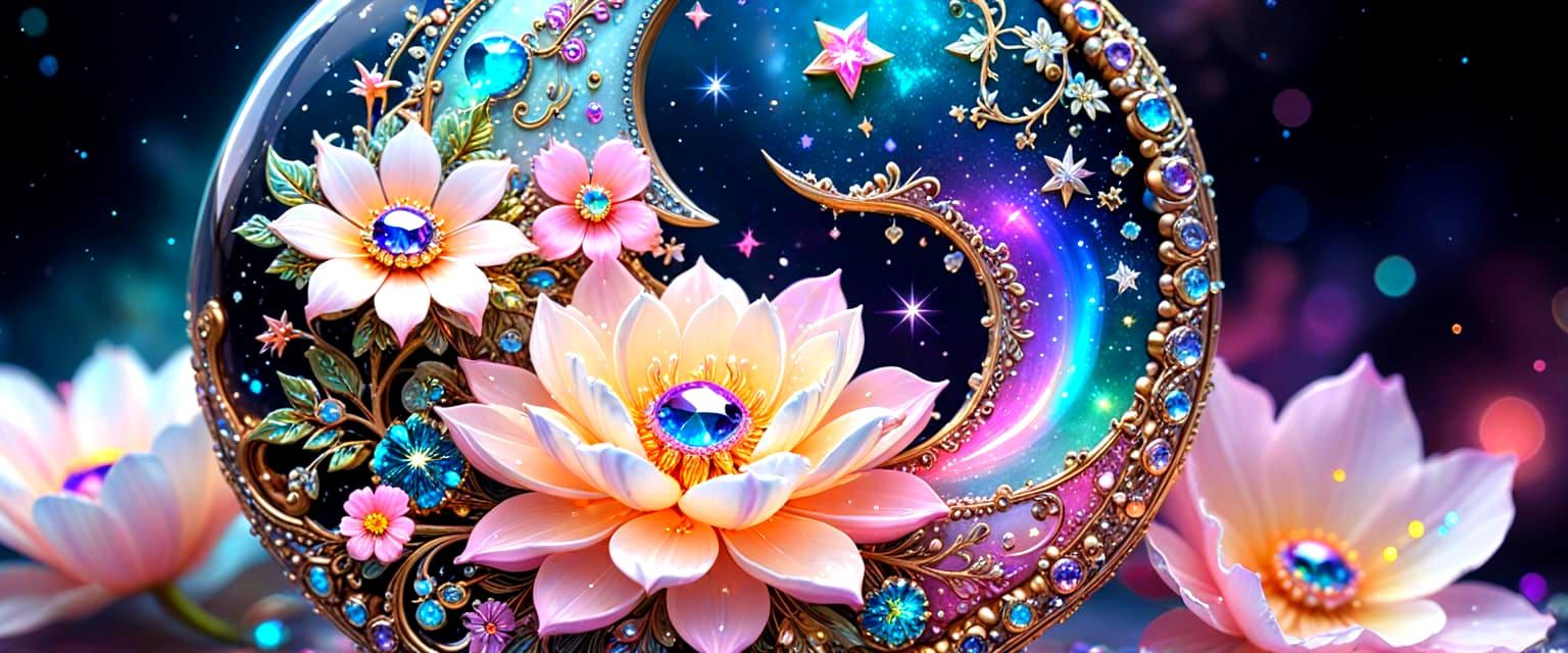 Mystical Bejeweled Moon and Flowers in Pastel Colors