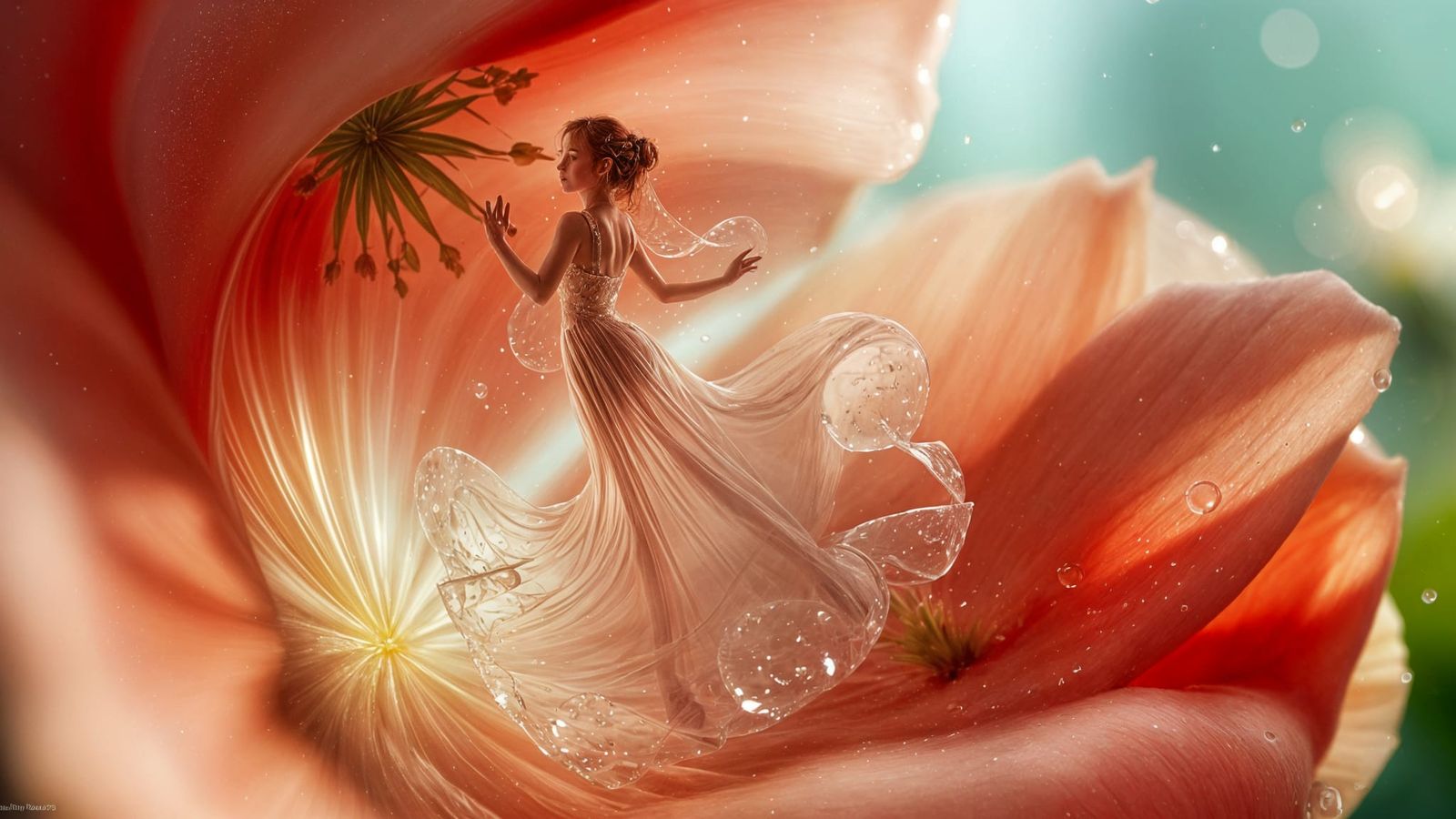 Water Fairy on Glass: Hyperrealistic Spring Garden