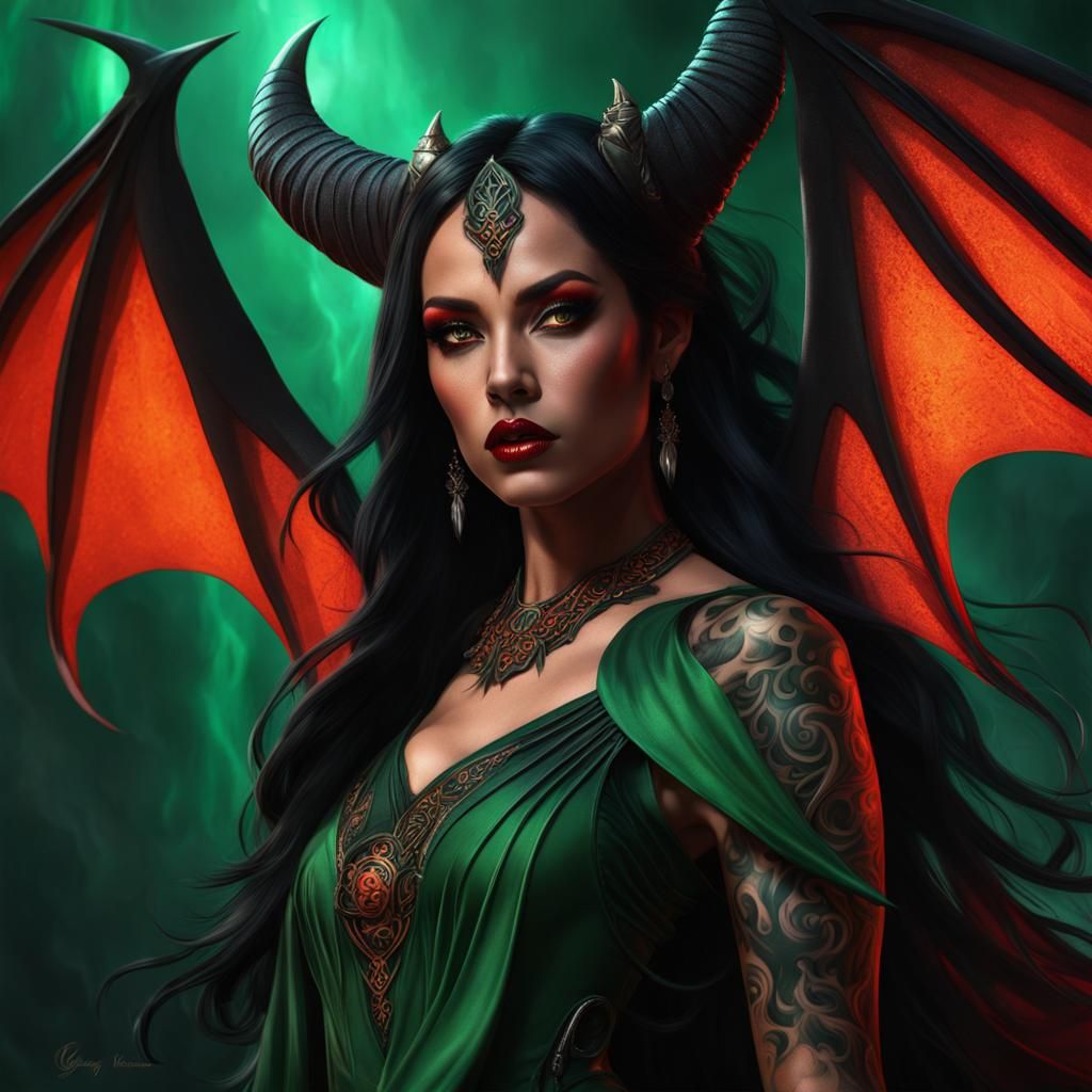 Fantasy Woman with Bat Wings and Tattoos
