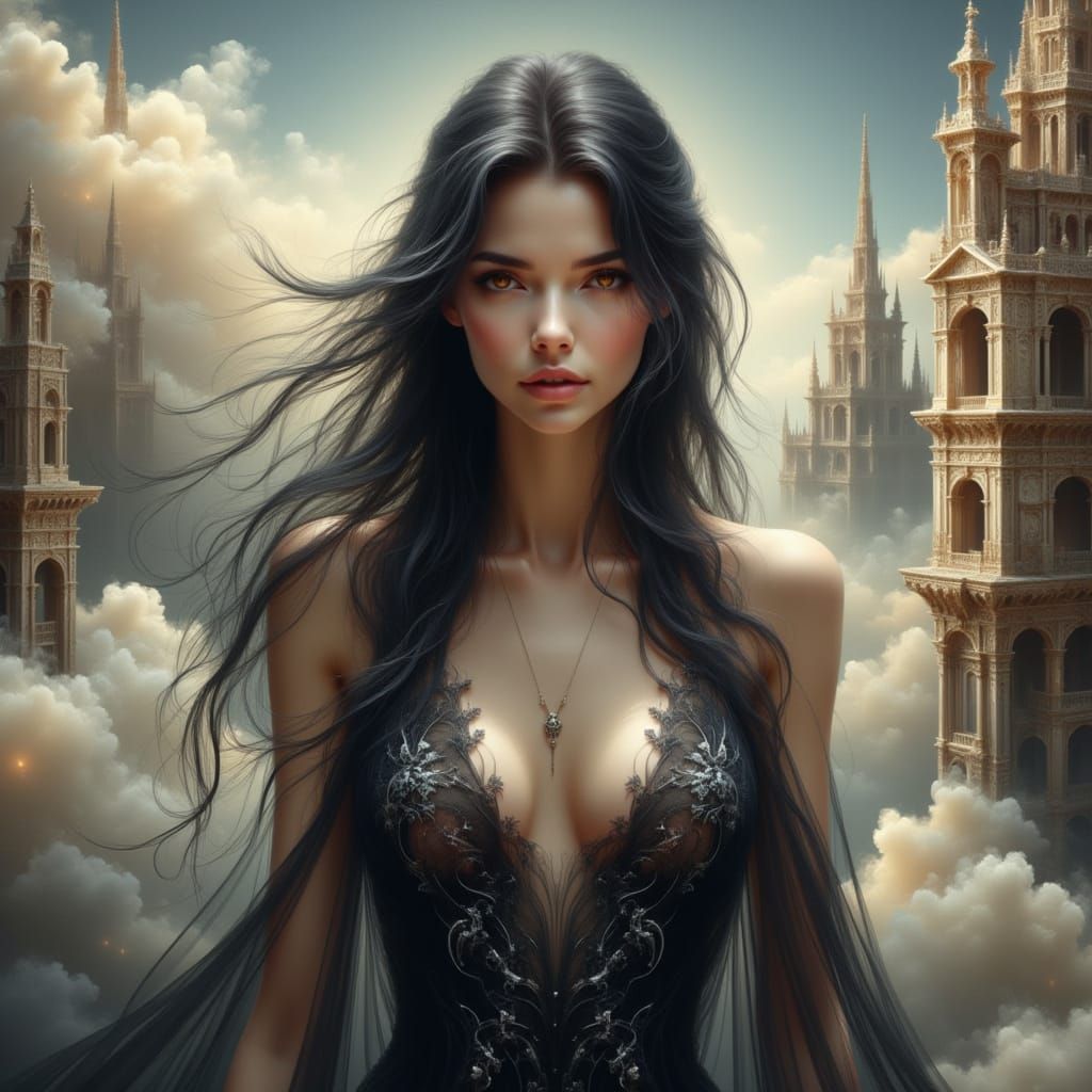 Ethereal Sorceress in Floating City Concept Art