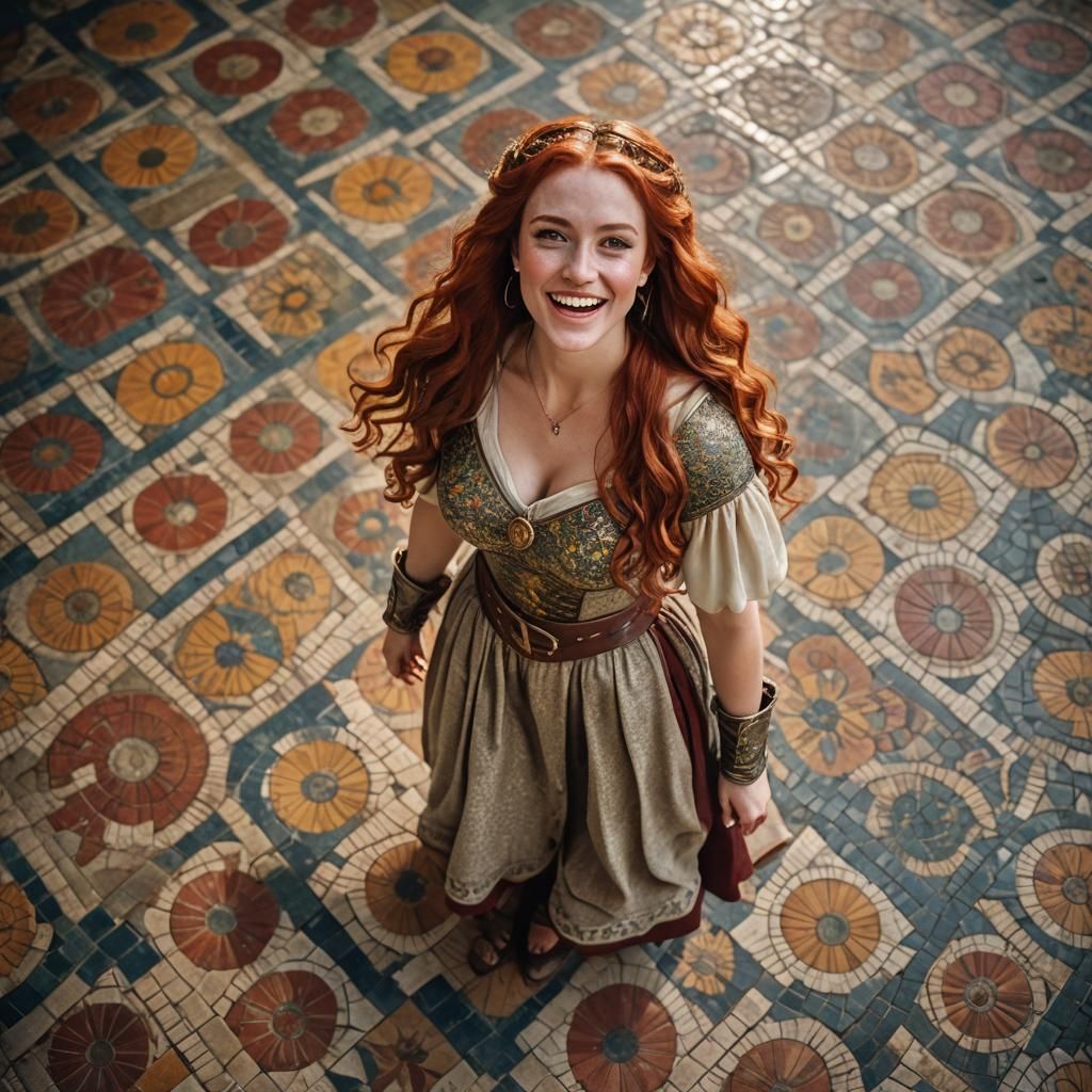 Red Haired Medieval Princess Standing on a Mosaic Tile Floor