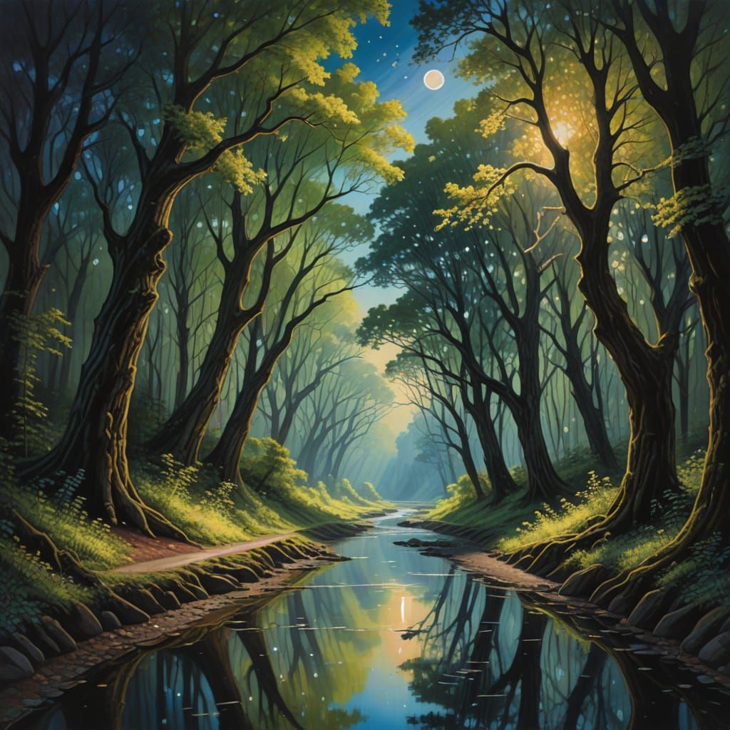 Magical Realism Painting: Enchanted Forest Road with Rainbow...