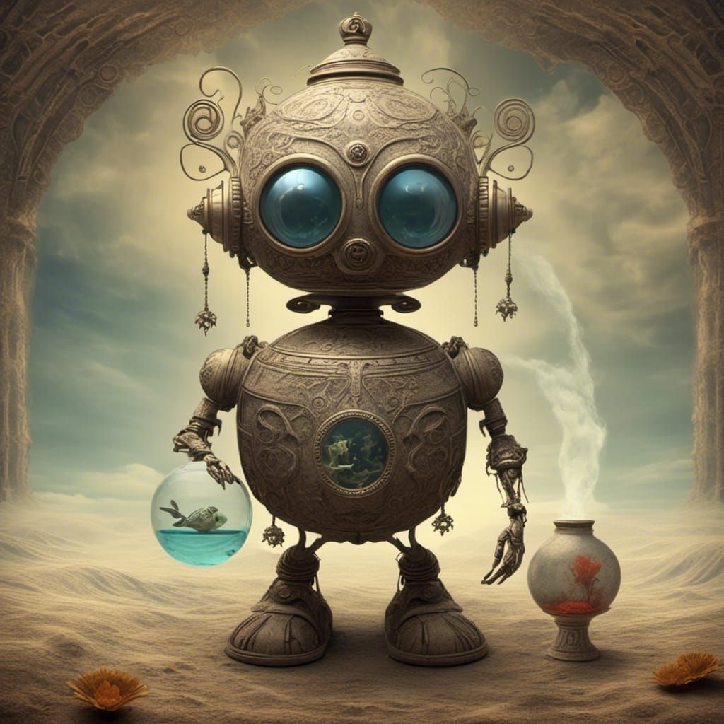 Cute Robot Holding a Fishbowl