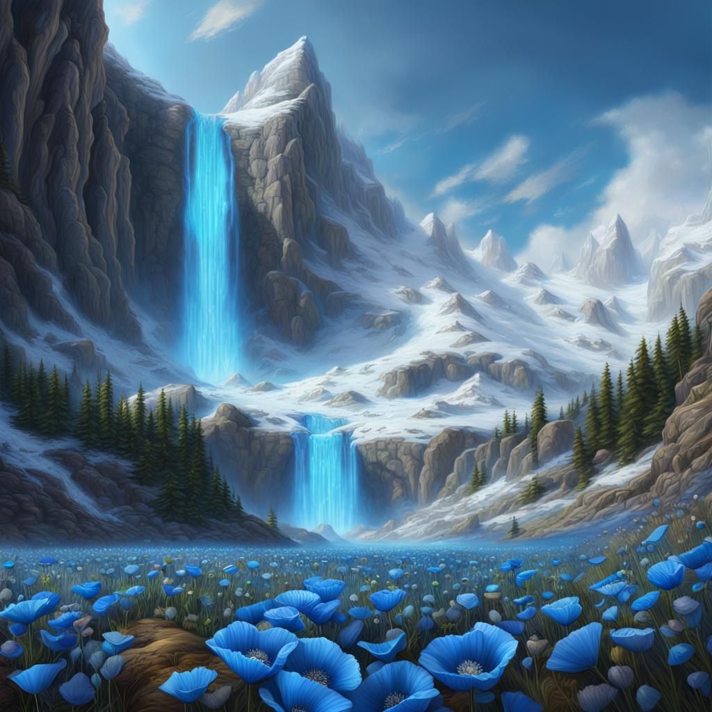 Mountain Waterfall and Blue Poppies: Digital Matte Painting
