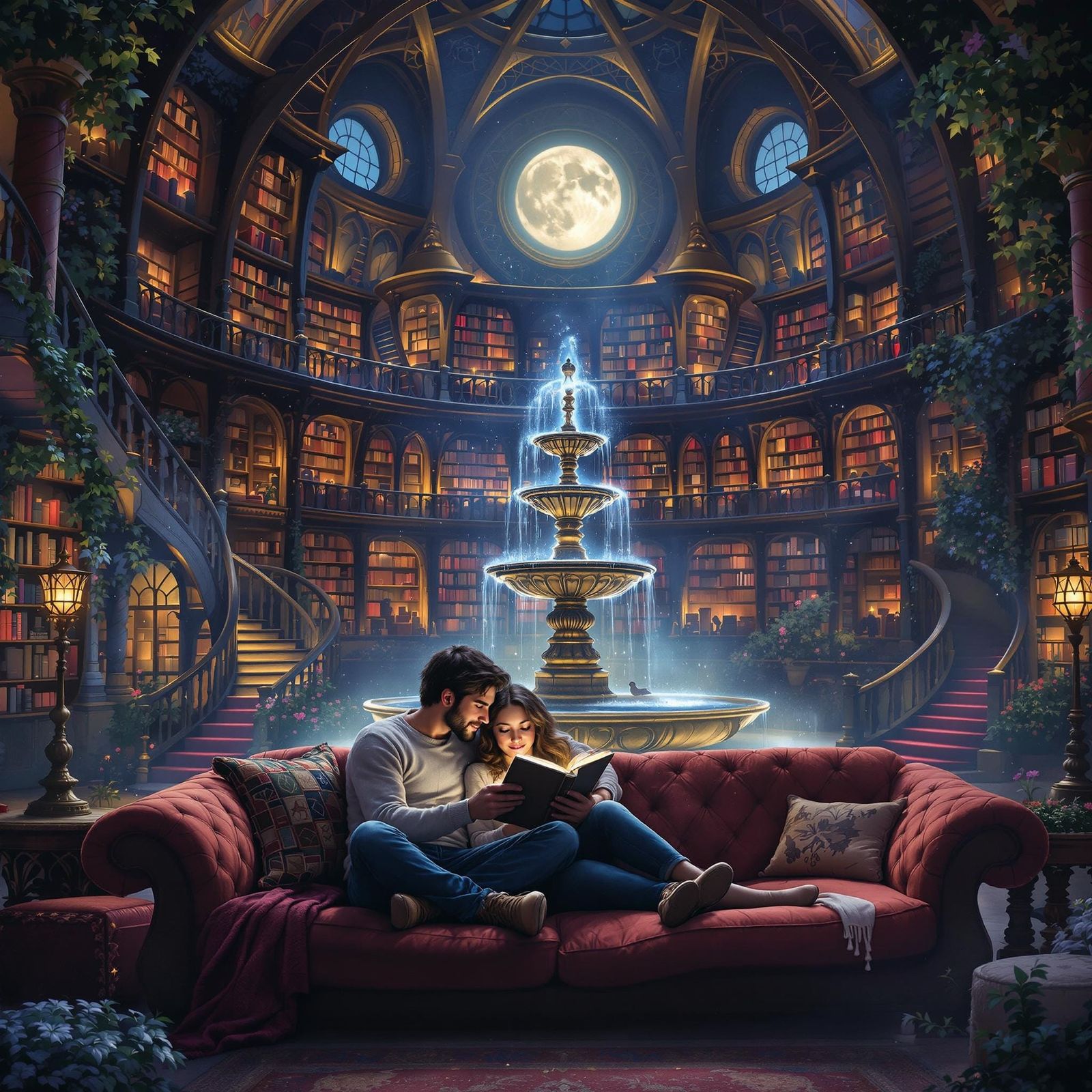 Cozy Couple Reading in Mystical Library