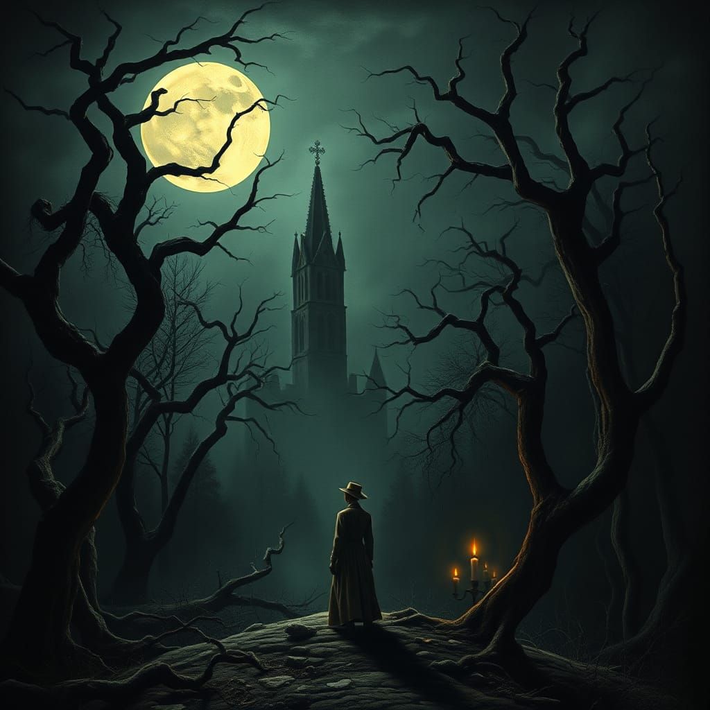 Ominous Victorian Figure in Moonlit Forest